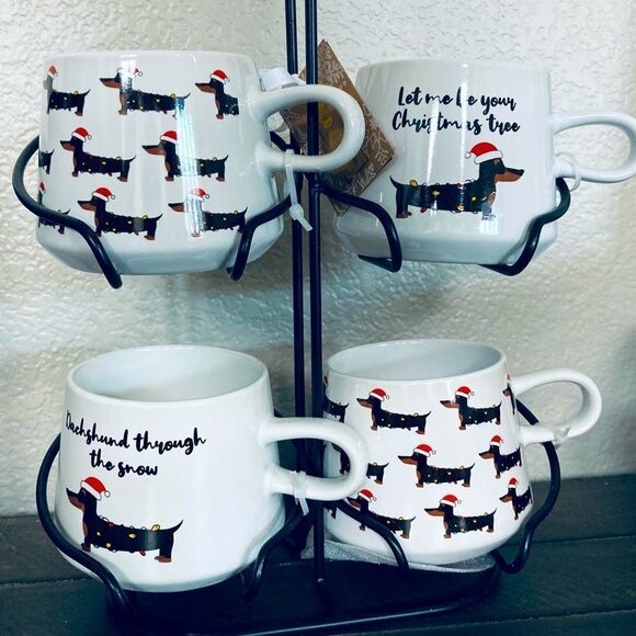 Christmas Dachshund Dog Ceramic Mugs Caddy Holiday Gift Set - Picture 1 of 5